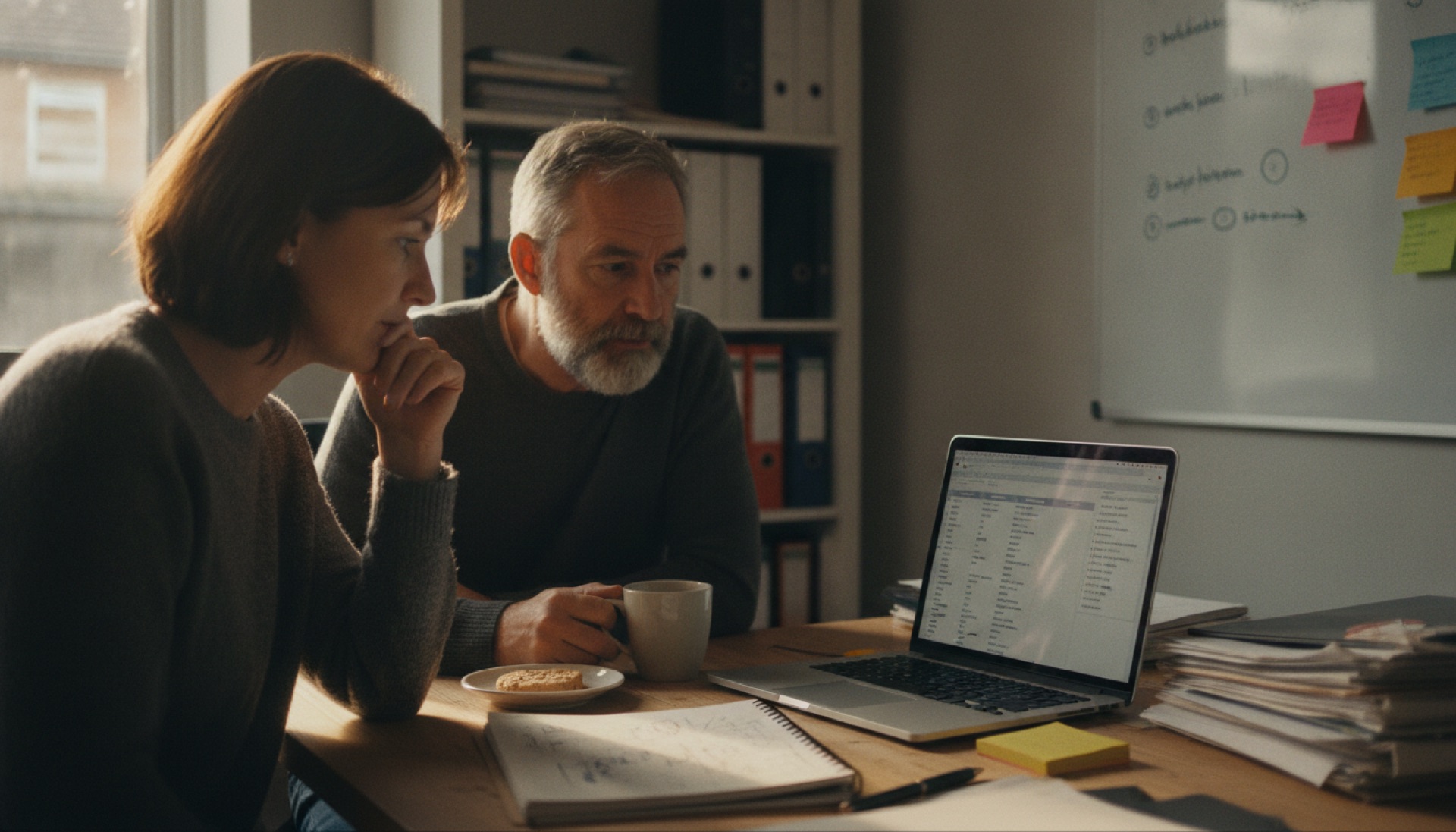 Two people looking at a laptop screen together at a desk in a small office