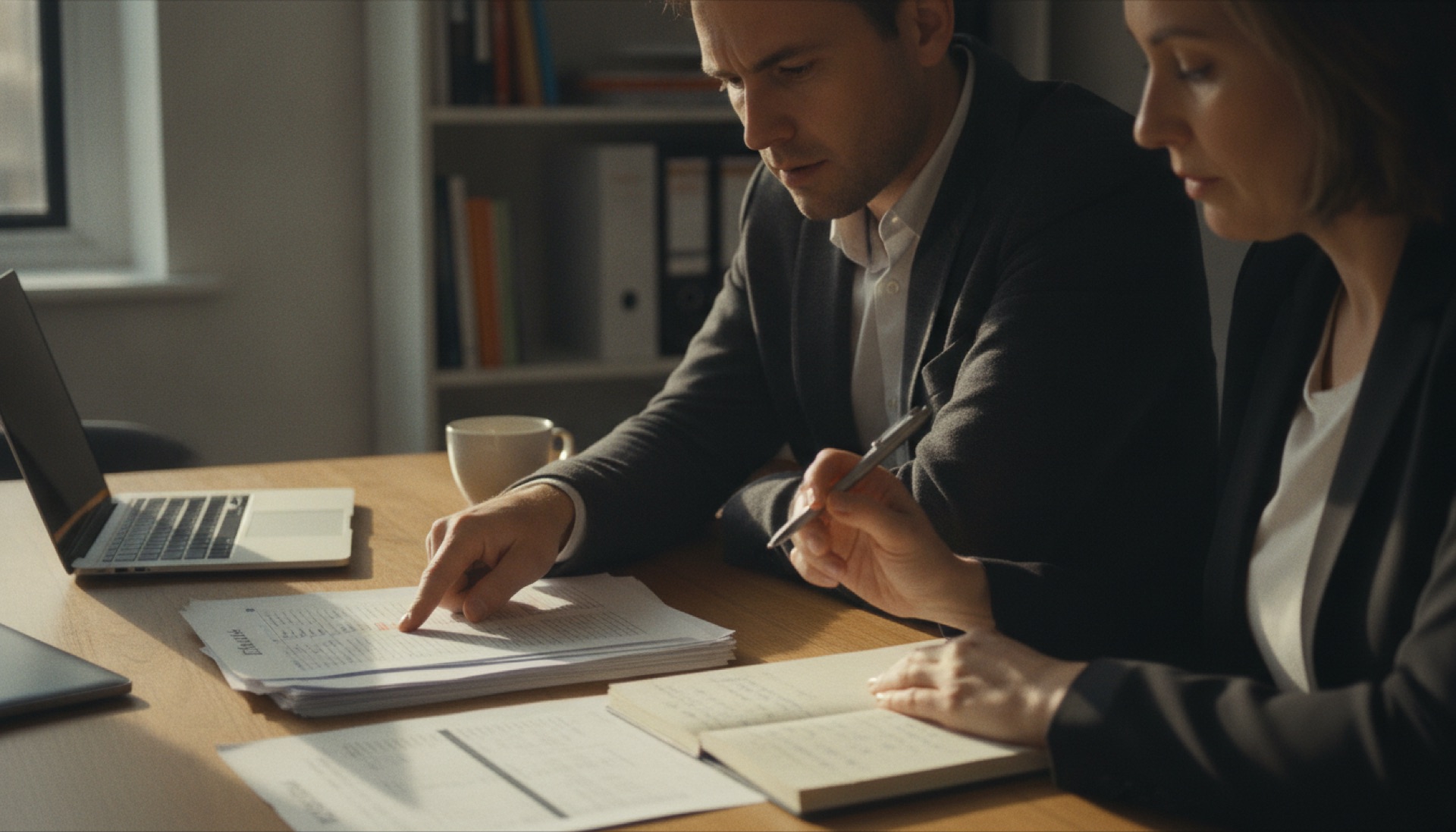 Two people comparing printed documents across an office table