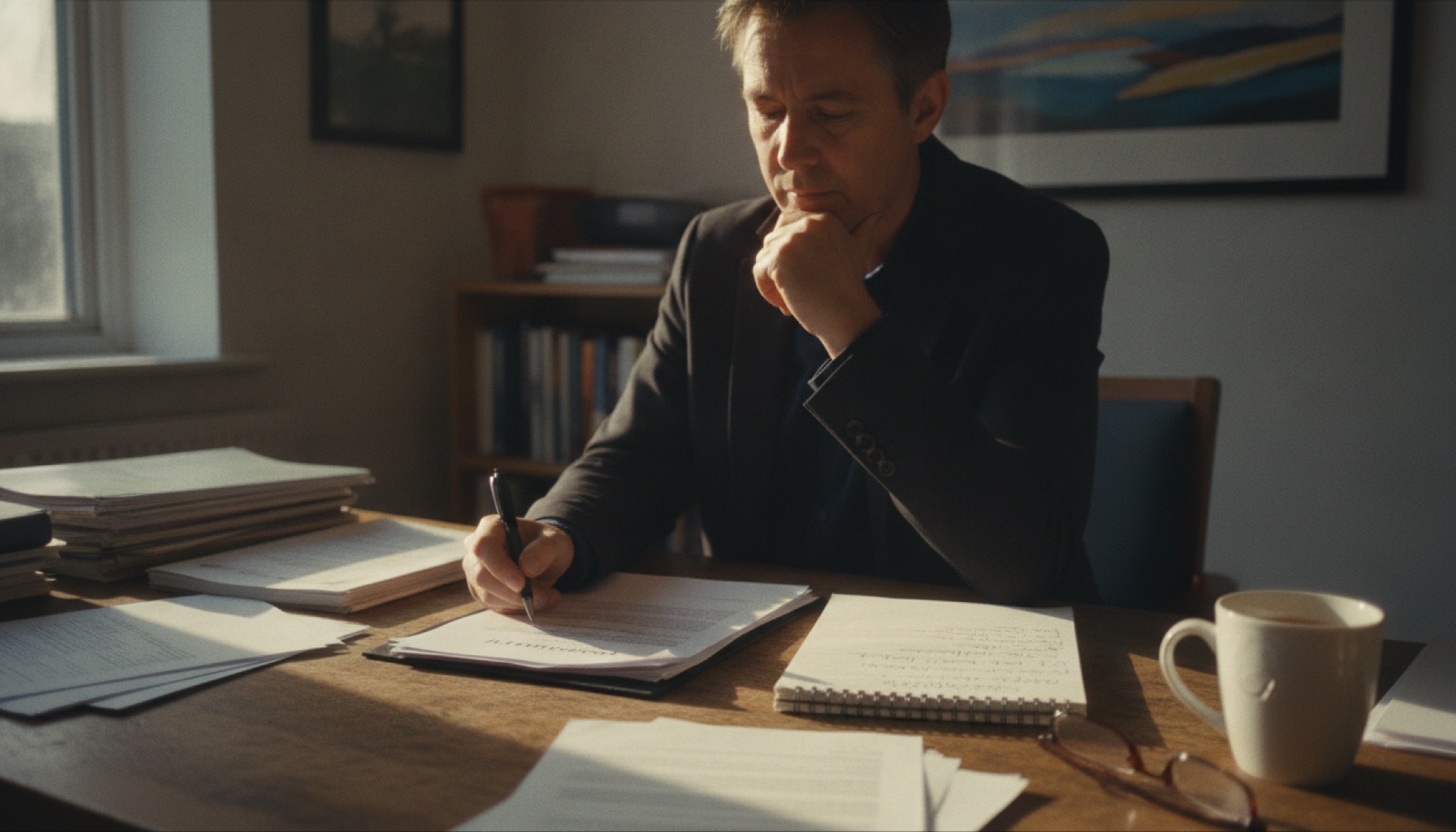 A business owner at a desk reading a printed contract with a laptop open beside it