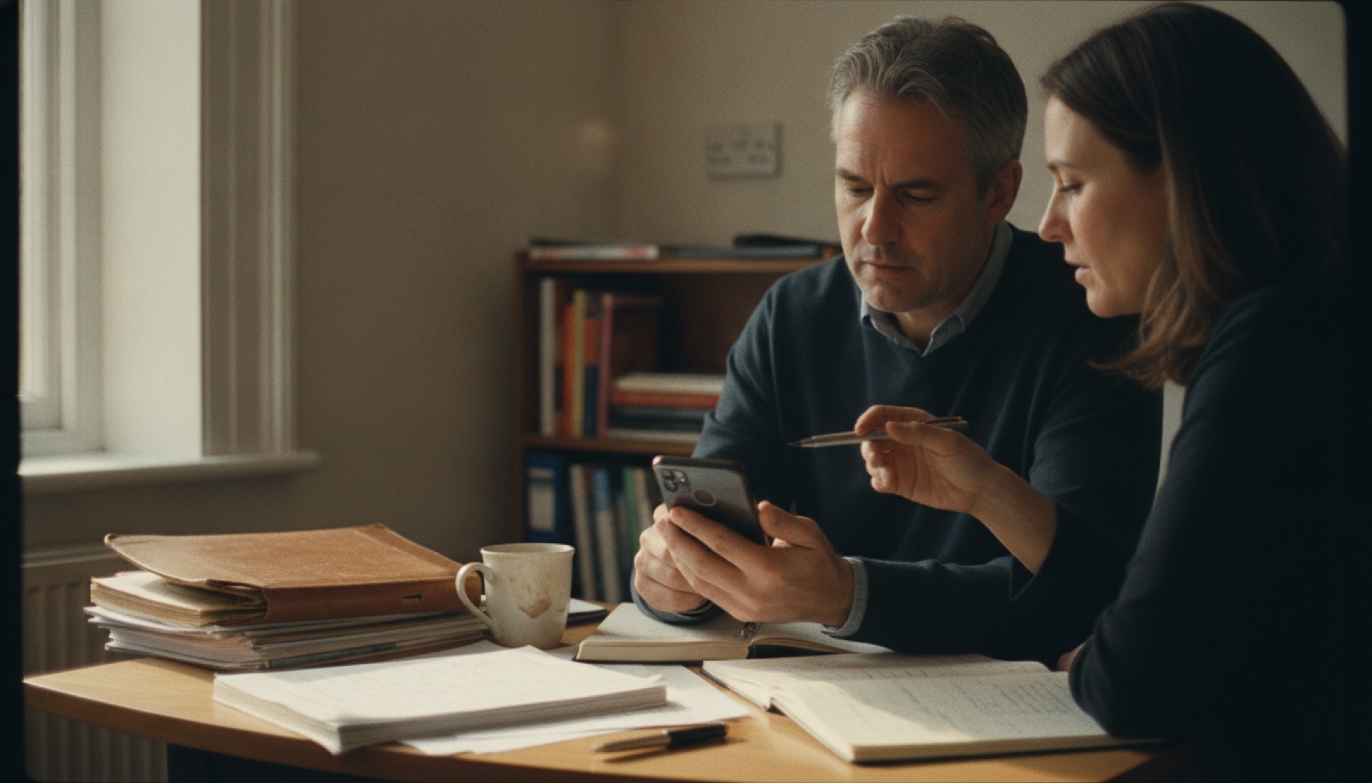 Two colleagues talking across an office table, one holding a phone