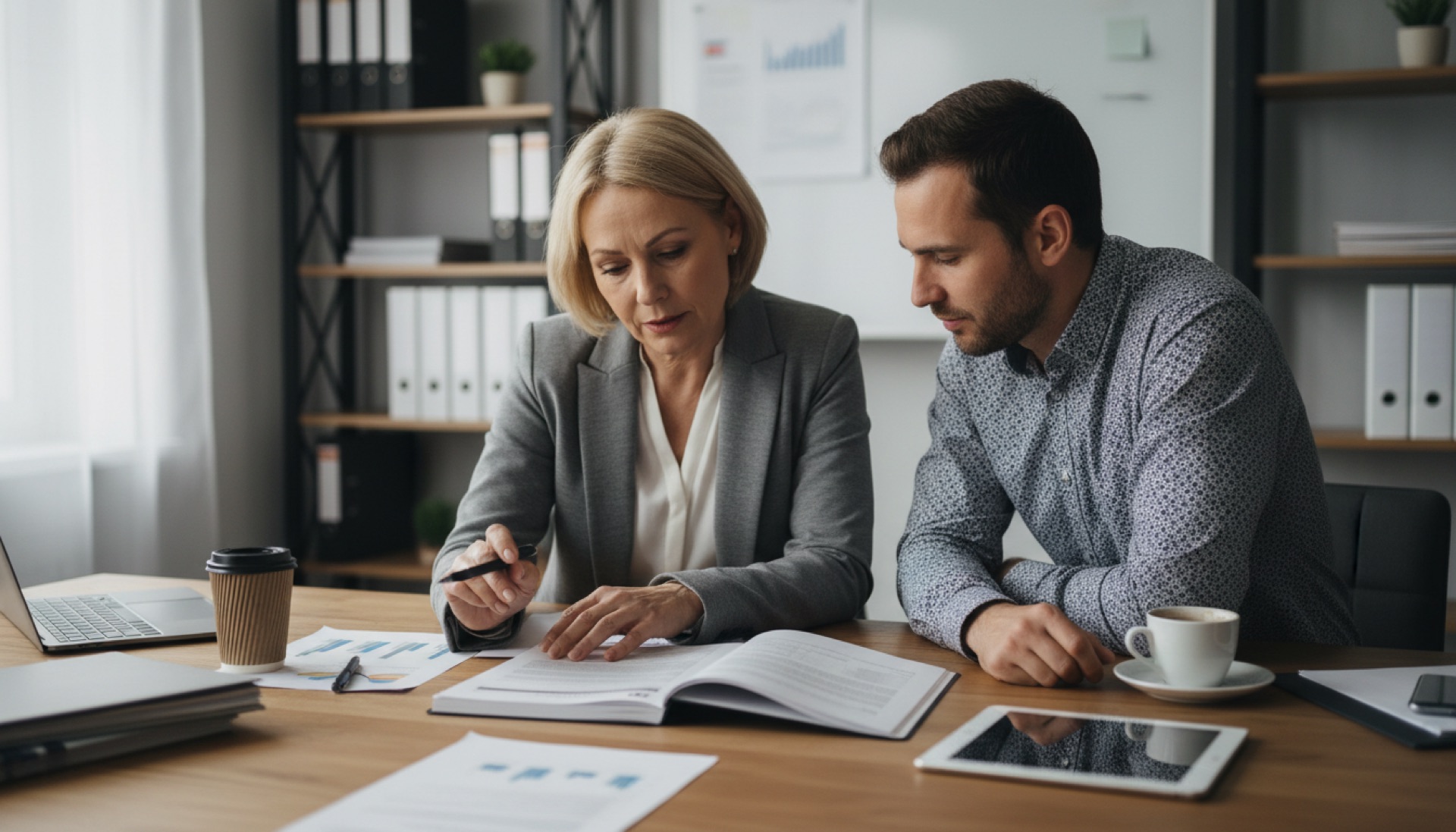 Two people reviewing printed policy documents across an office table