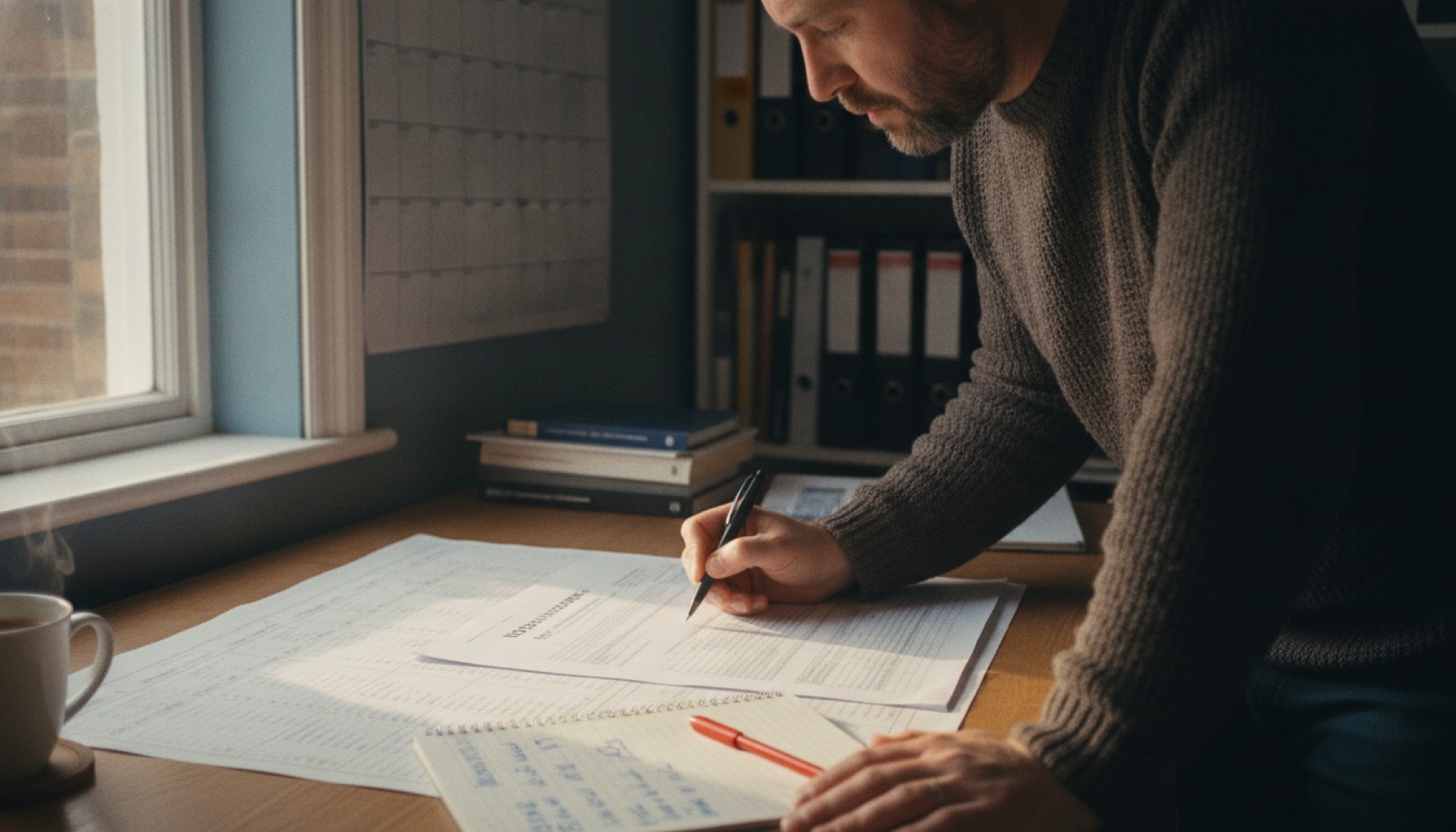 Business owner marking dates on a wall planner in a small office