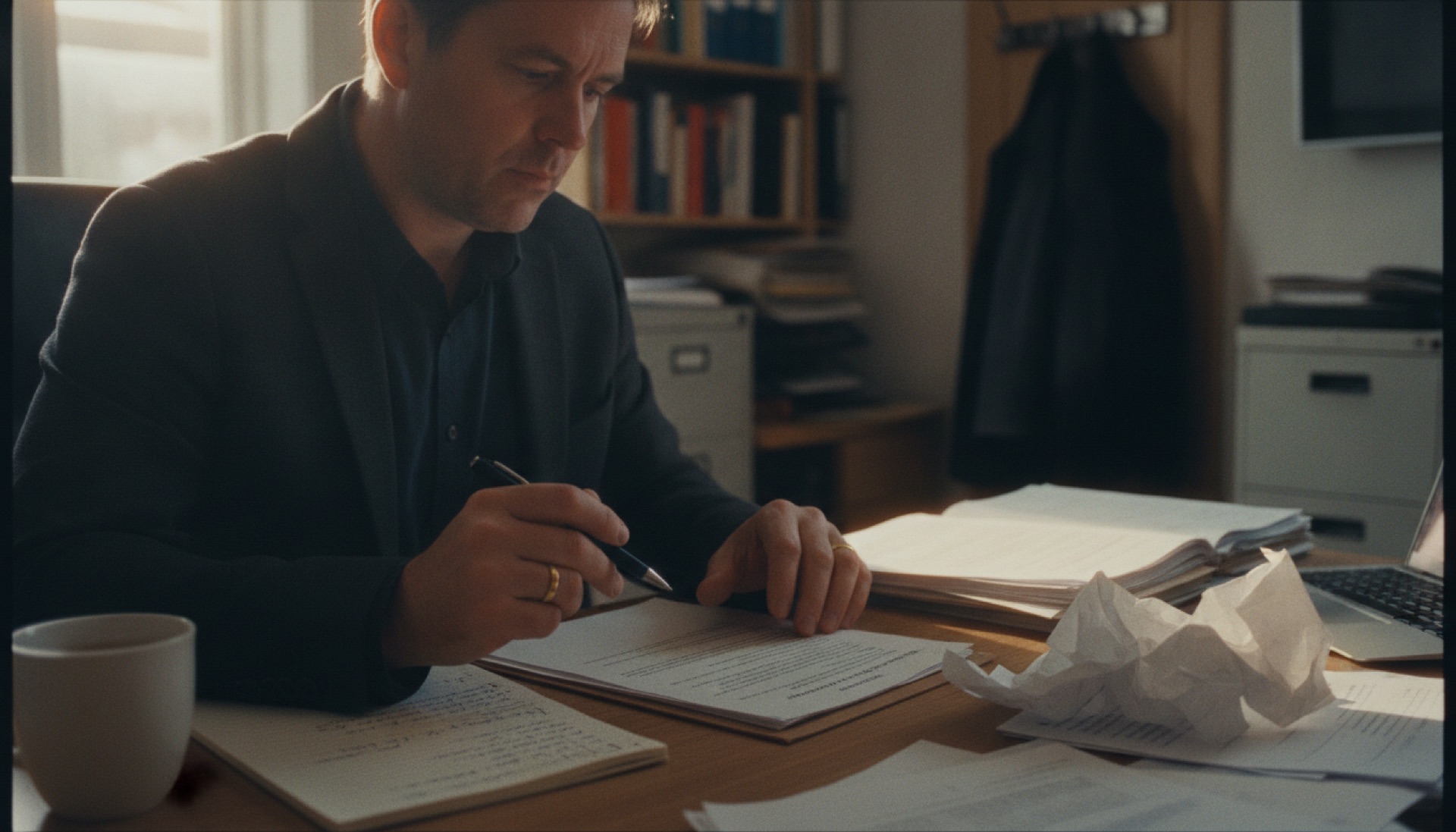 Business owner at a desk comparing printed figures with a laptop screen