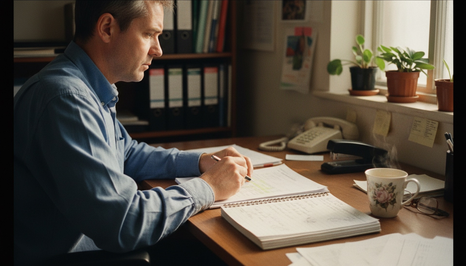 Office manager at a desk comparing options on a laptop with a notepad beside it