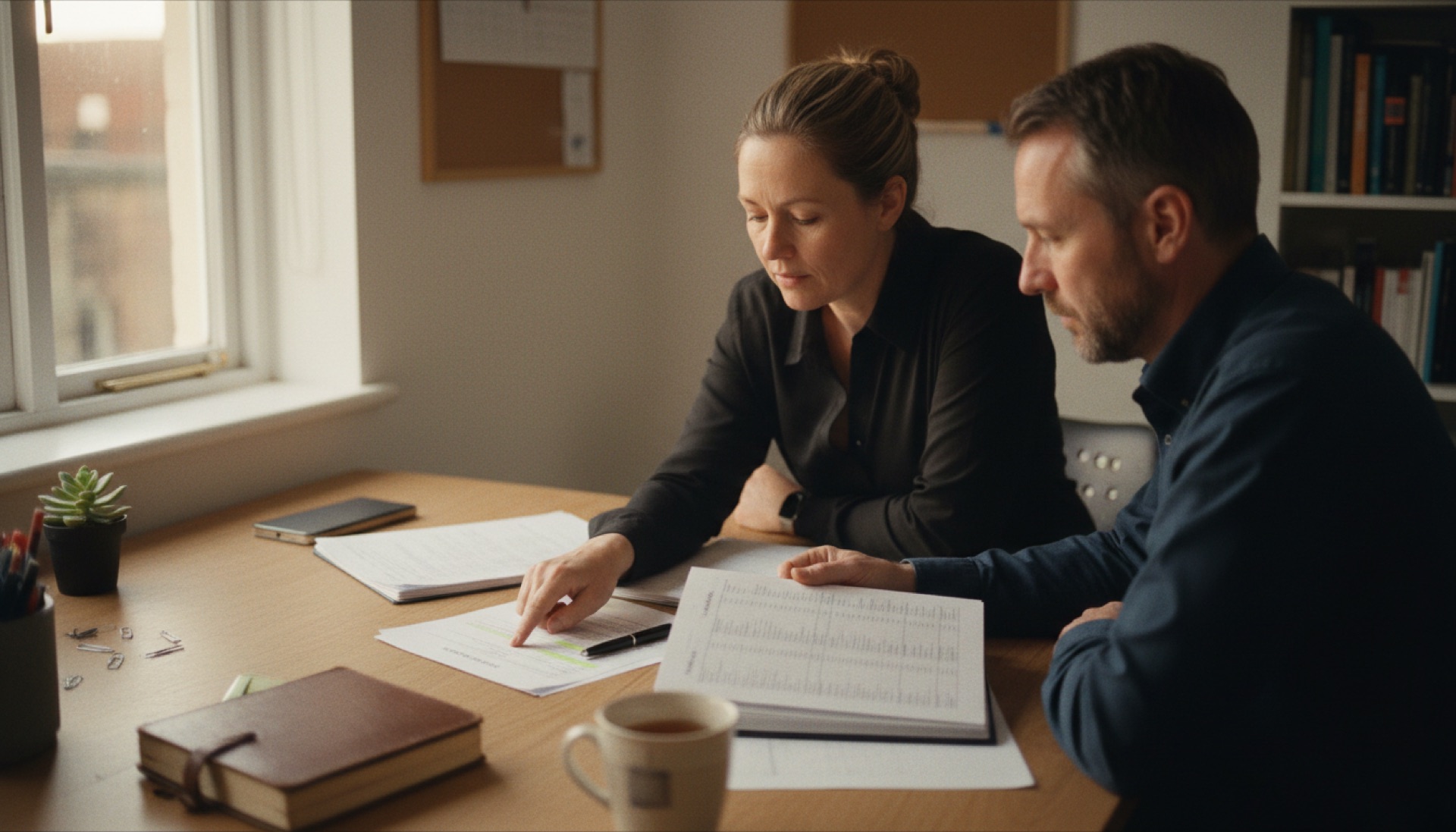 Two colleagues at an office desk discussing options shown on a laptop screen