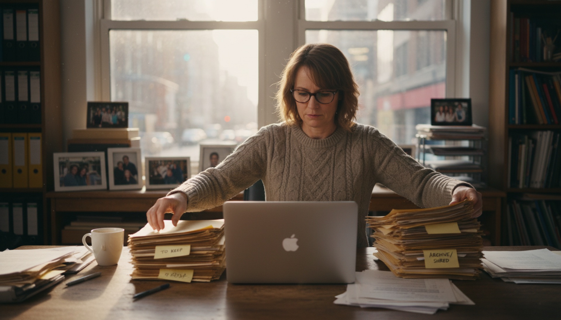 Business owner sorting old paper files into piles at a desk beside an open laptop