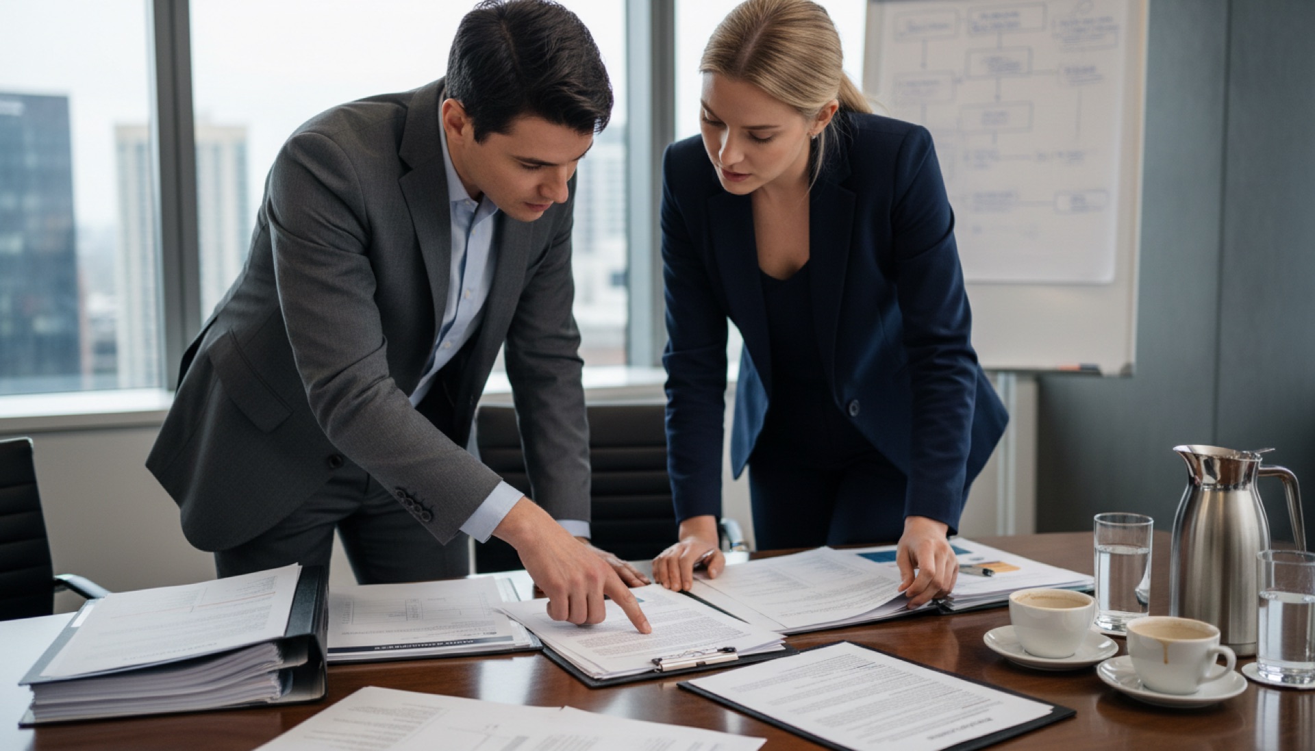 Two people comparing printed proposals across a meeting-room table