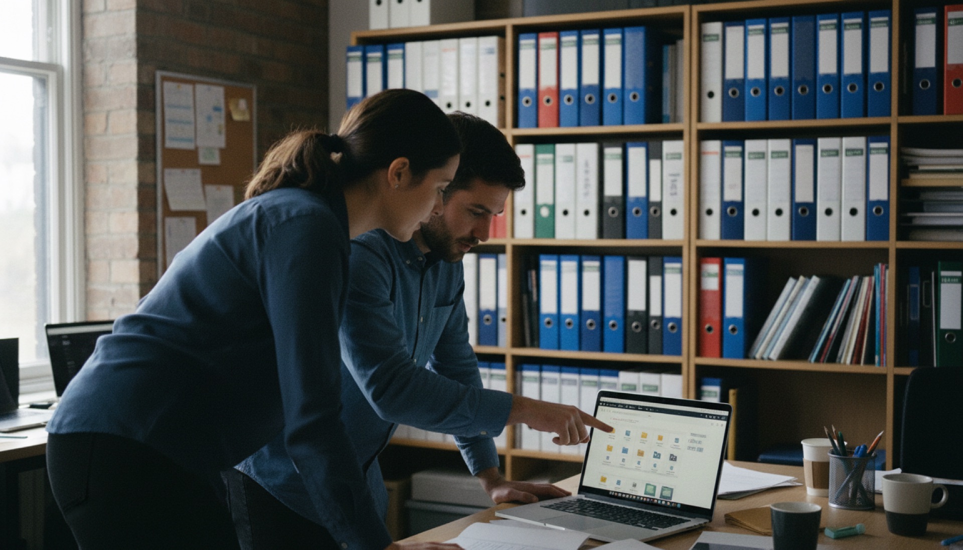 Two colleagues reviewing documents on a laptop at an office desk