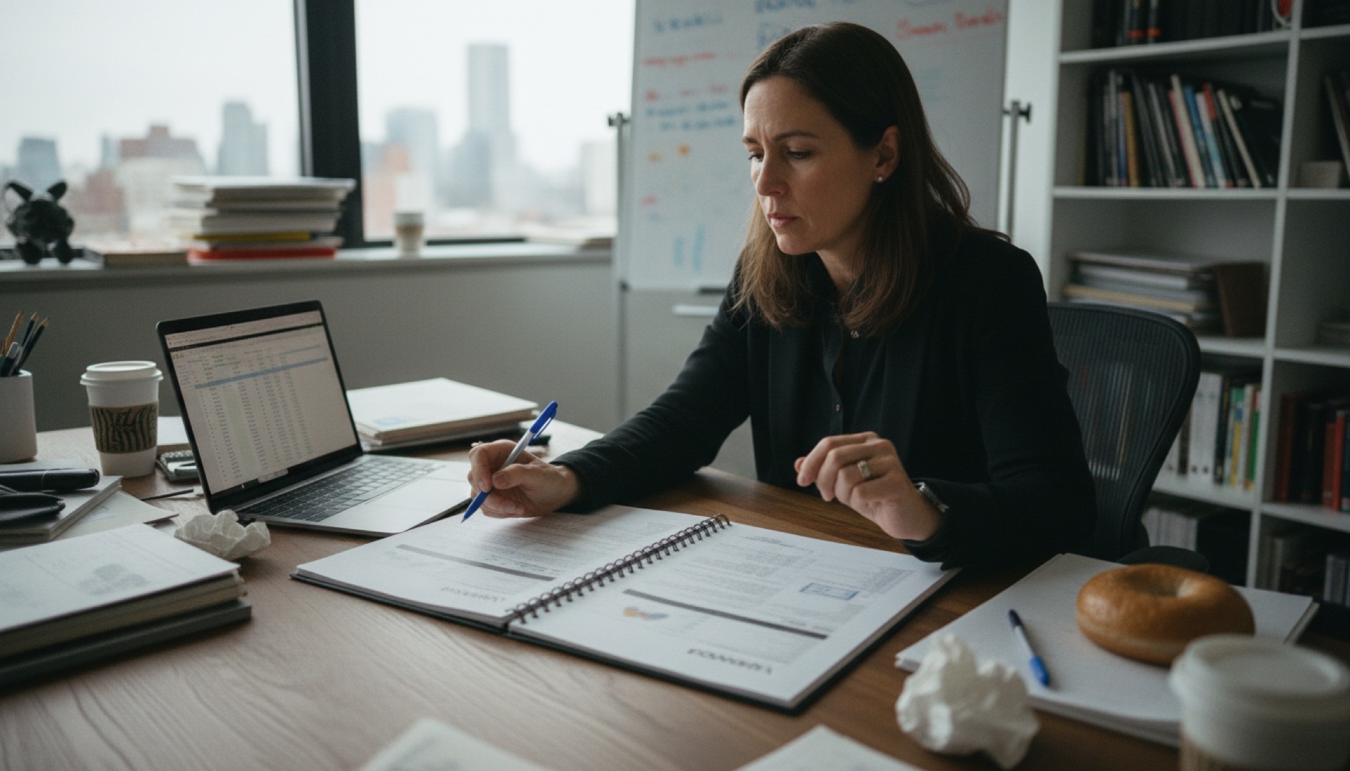 A director comparing two printed documents side by side at an office desk