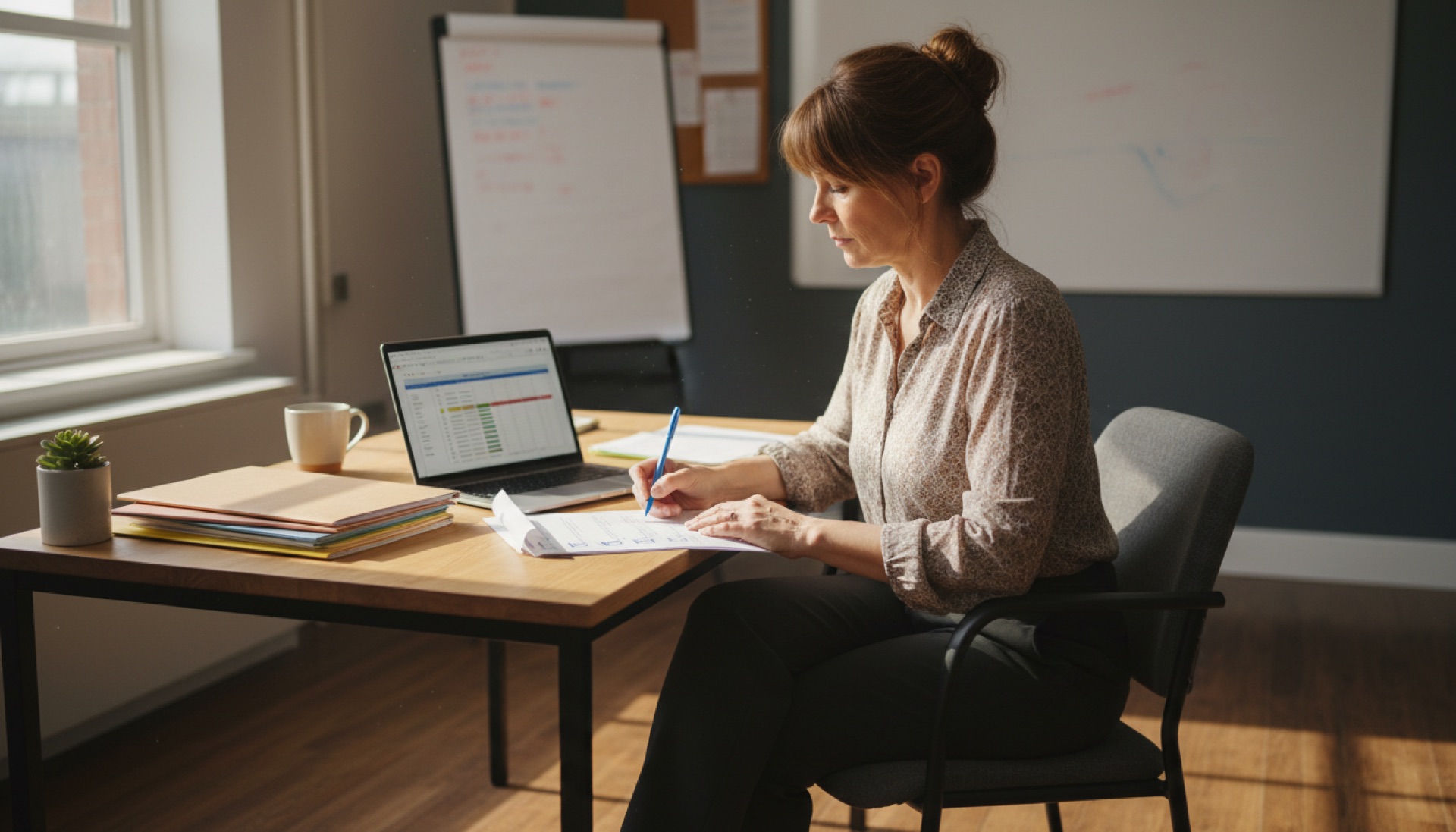 Person at an office desk reviewing a printed checklist next to an open laptop