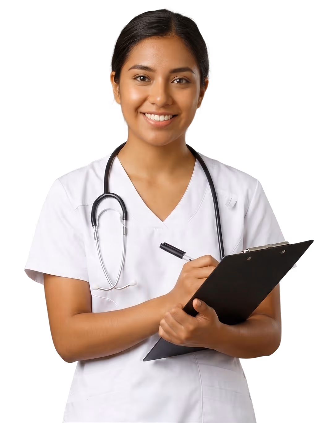 Smiling female healthcare professional in white scrubs with a stethoscope around her neck holding a clipboard and pen.