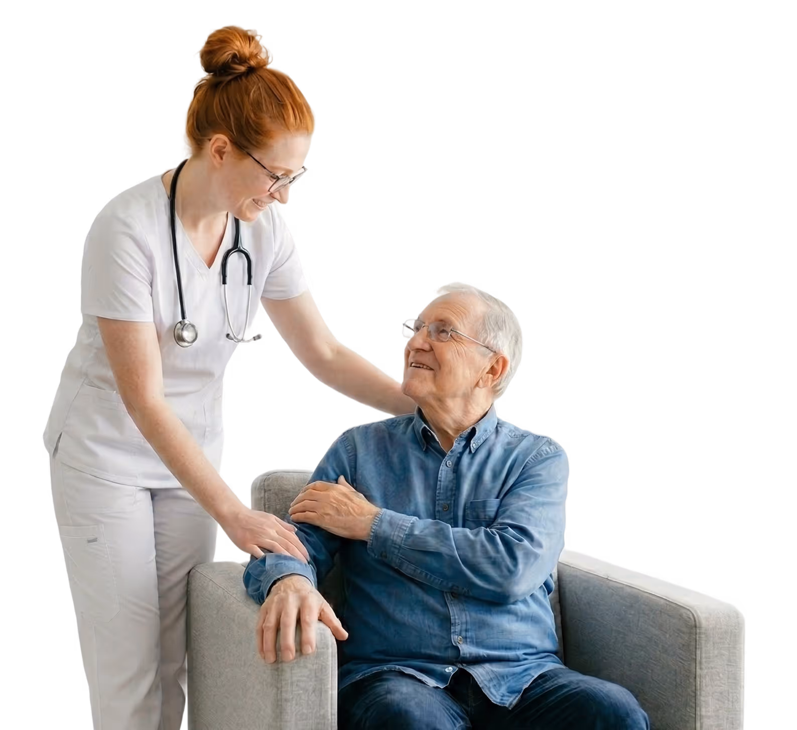 Smiling female nurse with stethoscope comforting elderly man seated in an armchair.