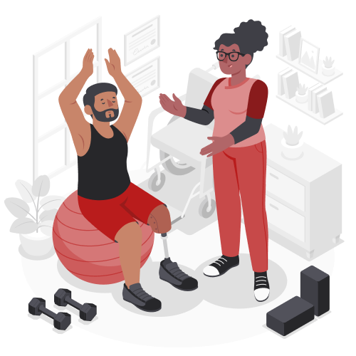Man with a prosthetic leg doing exercise on a stability ball guided by a female physical therapist in a therapy room.