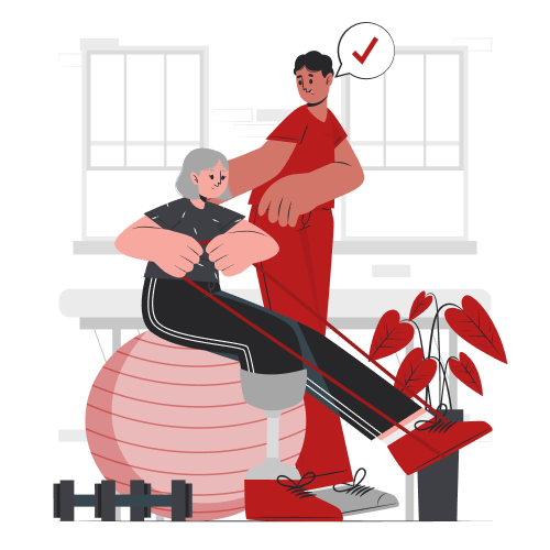 A person with a prosthetic leg exercises with resistance bands on a fitness ball, assisted by a trainer.