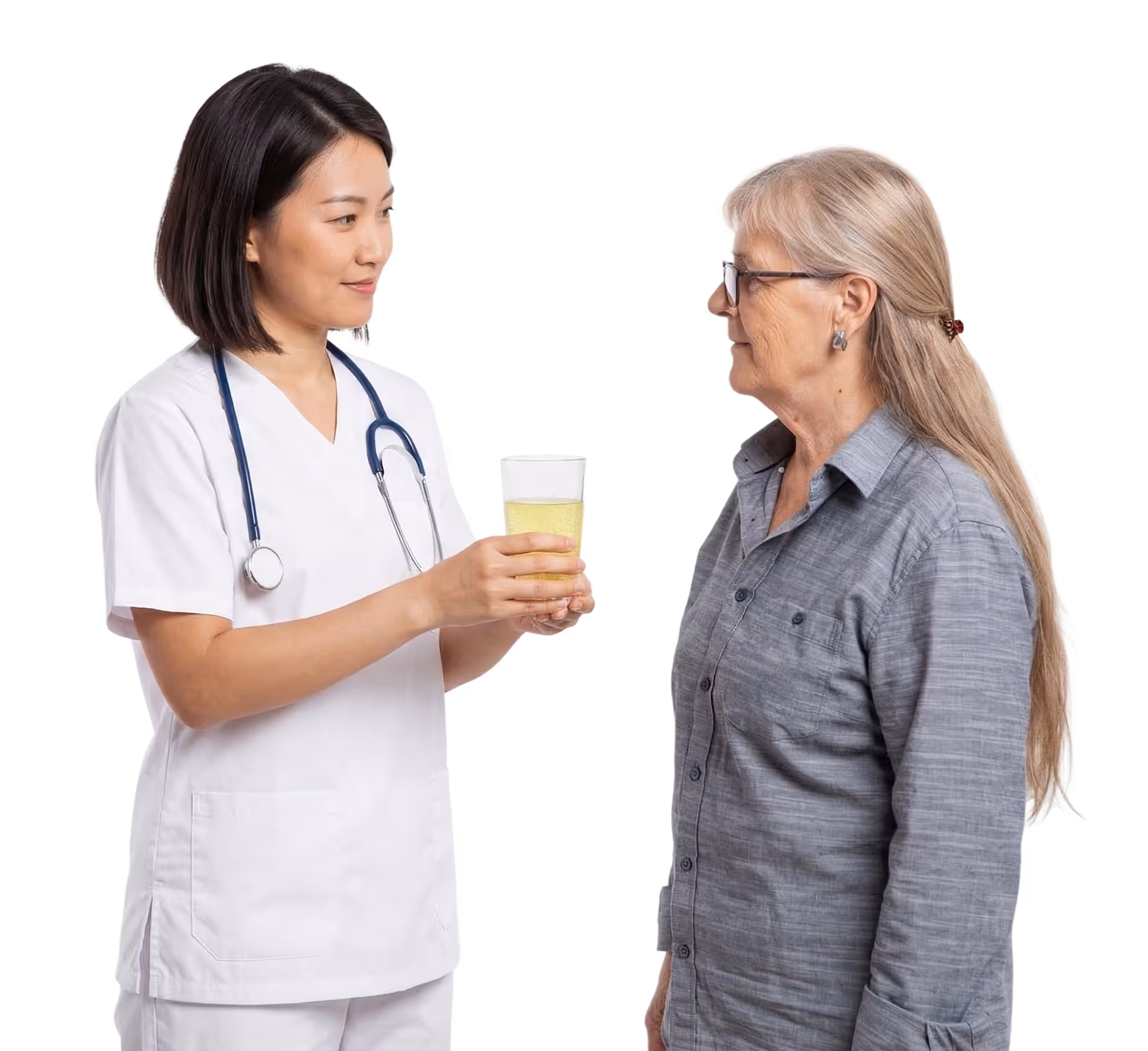 Female healthcare professional in white uniform offers a glass of water to an older woman with glasses and long hair.