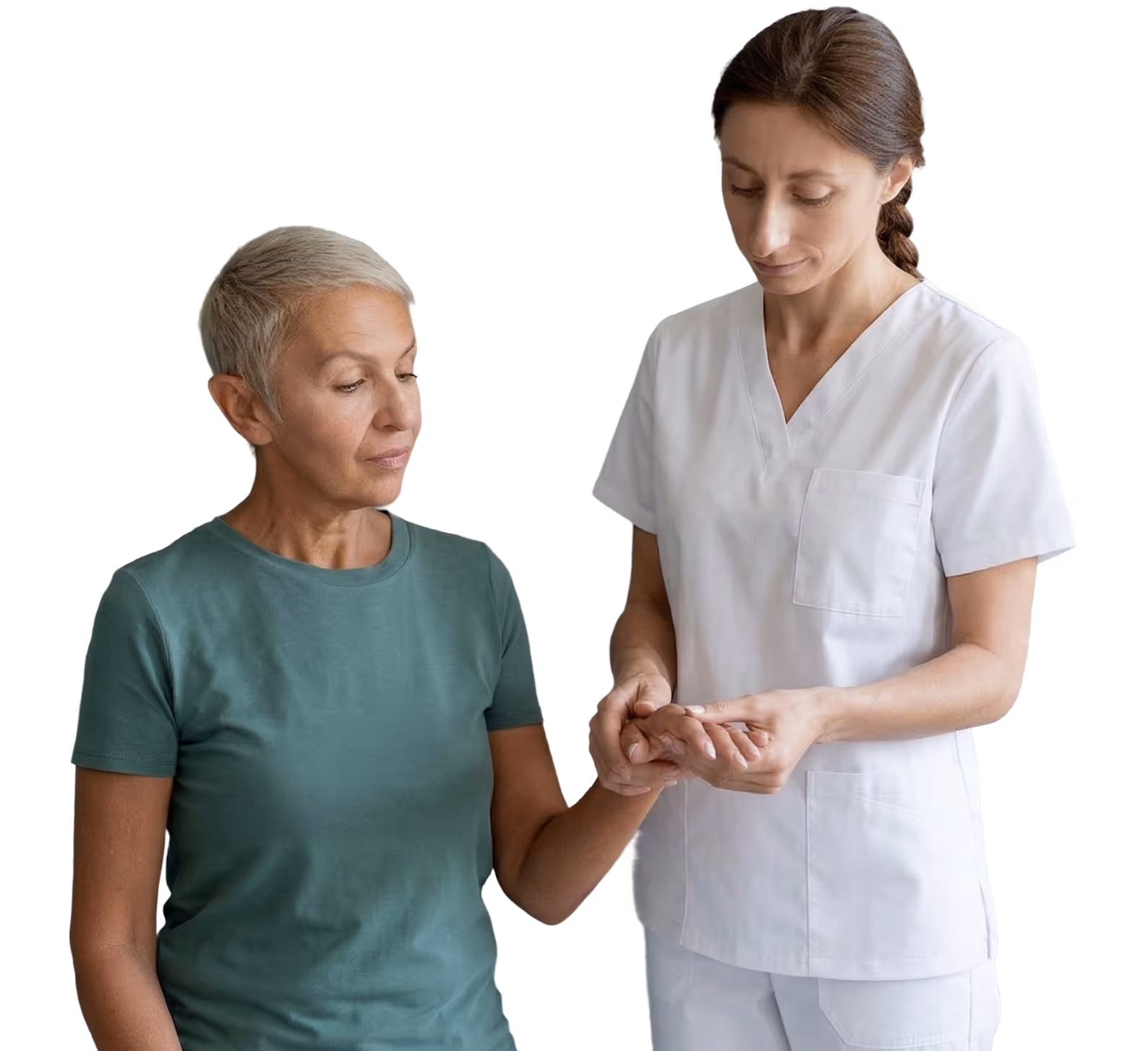 Healthcare professional in white scrubs examining the hand of a seated older woman in a green shirt.
