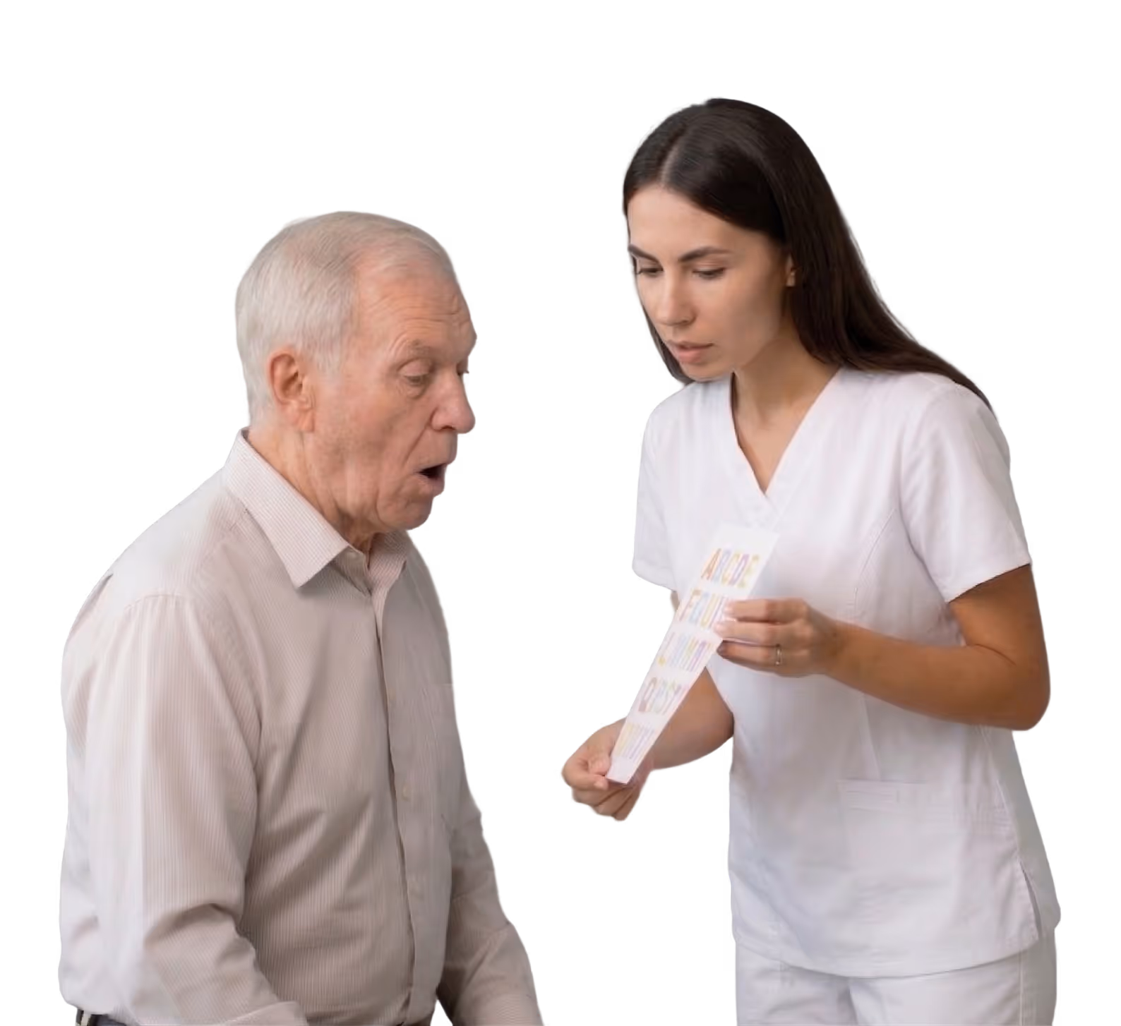A speech therapist showing an elderly man a card with letters to assist with speech therapy.
