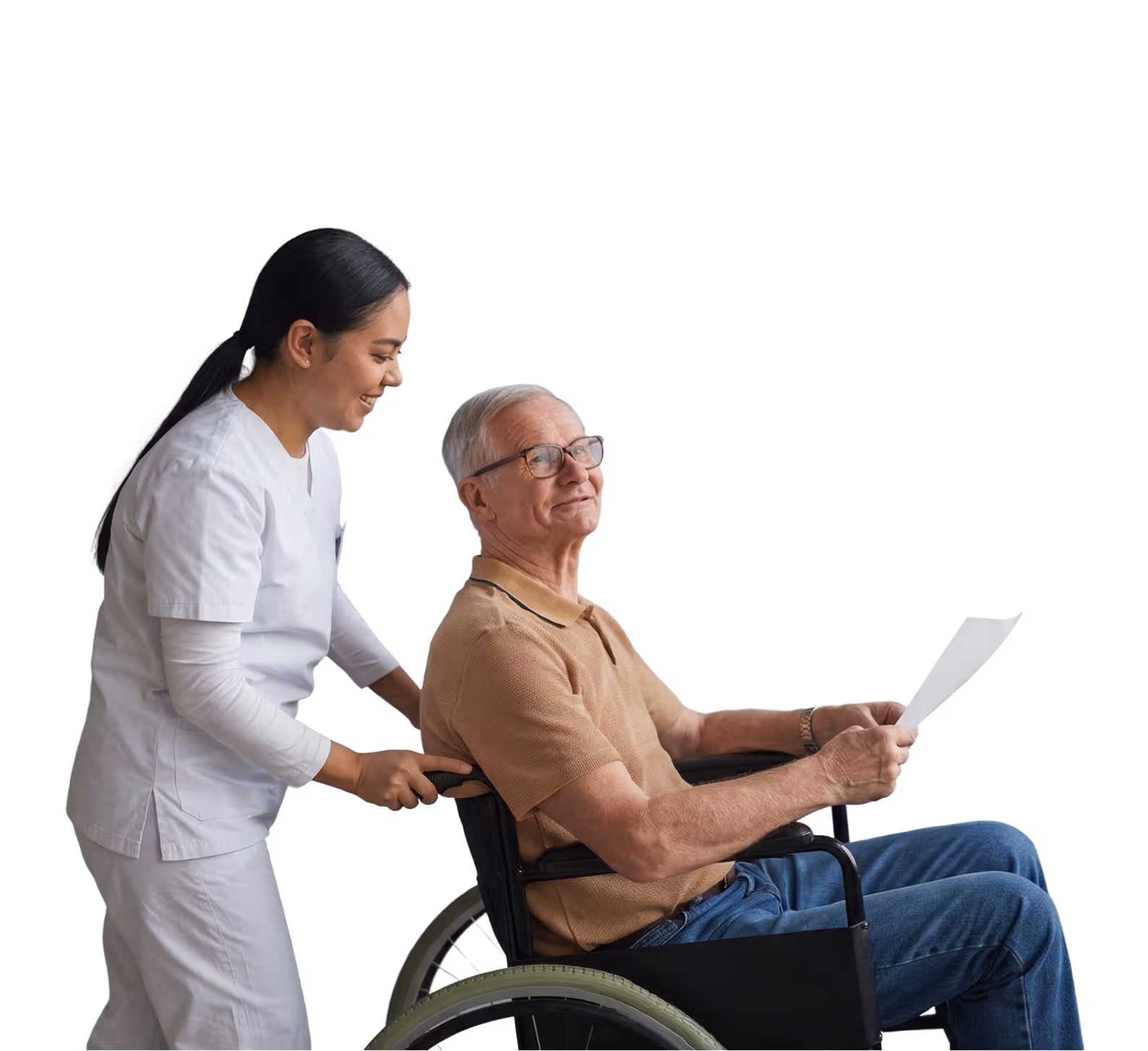 Smiling nurse pushing an elderly man in a wheelchair as he holds a paper and looks ahead.