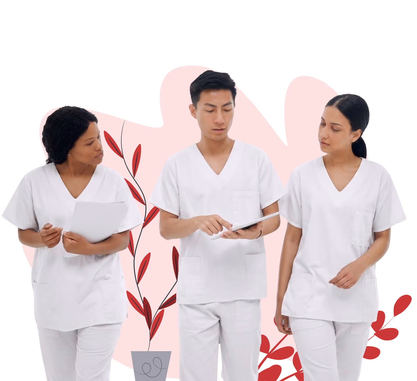 Three healthcare professionals in white scrubs looking at documents and a tablet with red leaf graphics in the background.