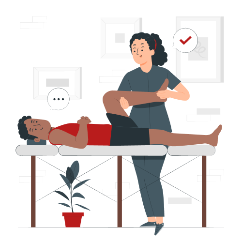 Physical therapist performing leg stretch on a patient lying on a treatment table.