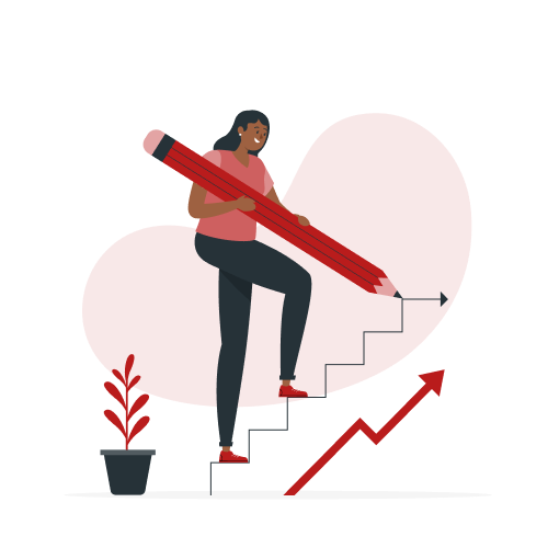 Illustration of a woman holding a large red pencil stepping up stairs with an upward trending arrow and a potted plant nearby.