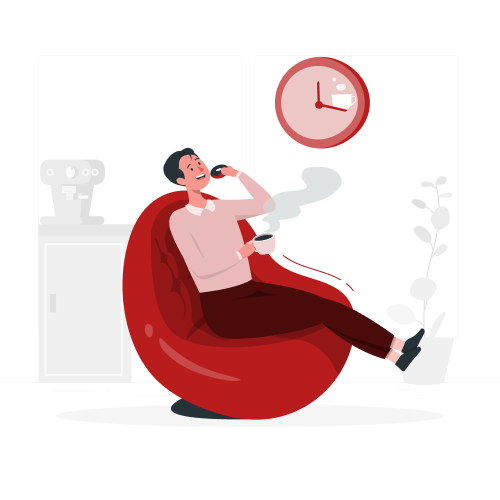 Person relaxing on a red bean bag chair drinking coffee with a coffee machine, clock, and plant in the background.