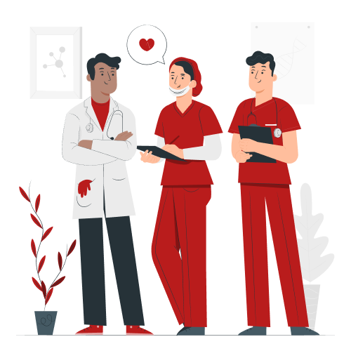 Three healthcare professionals, including a doctor in a white coat and two nurses in red scrubs, standing and discussing with a heart symbol above them.