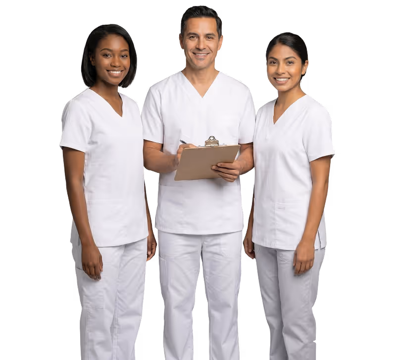 Three smiling healthcare professionals wearing white scrubs, one holding a clipboard and pen.