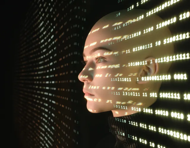 A mannequin's head in front of a wall of data.