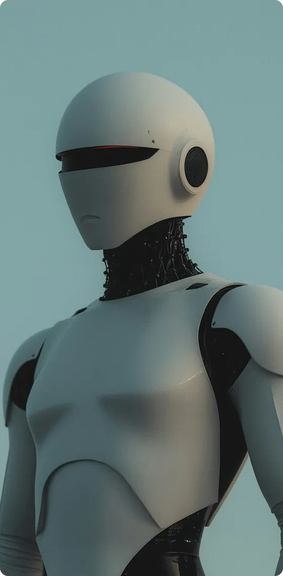 A robot is standing in the middle of the sky.
