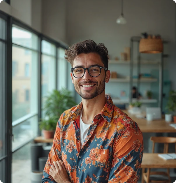 A man wearing glasses standing in front of a window.