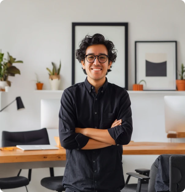 A man with glasses standing in front of a desk.