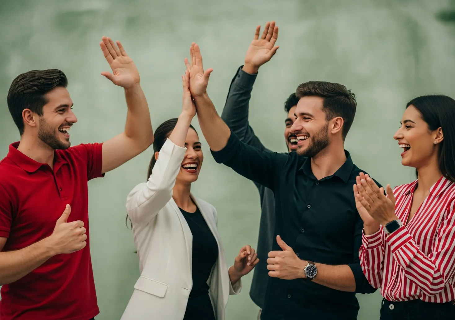 A group of people standing next to each other with their hands in the air.
