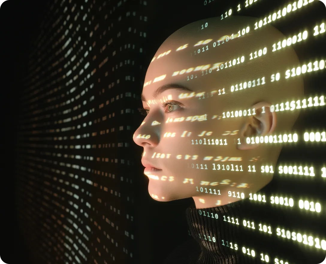 A woman's head in front of a wall of numbers.