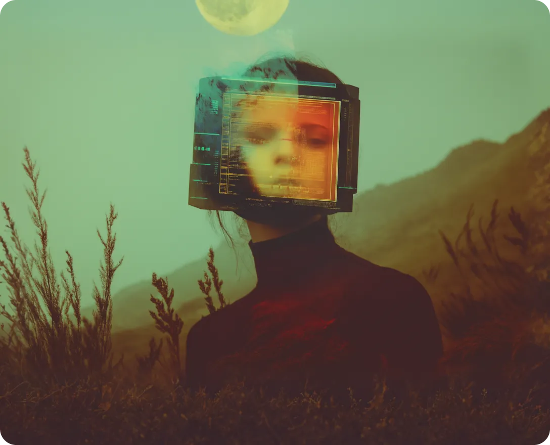 A woman standing in a field with a television on her head.