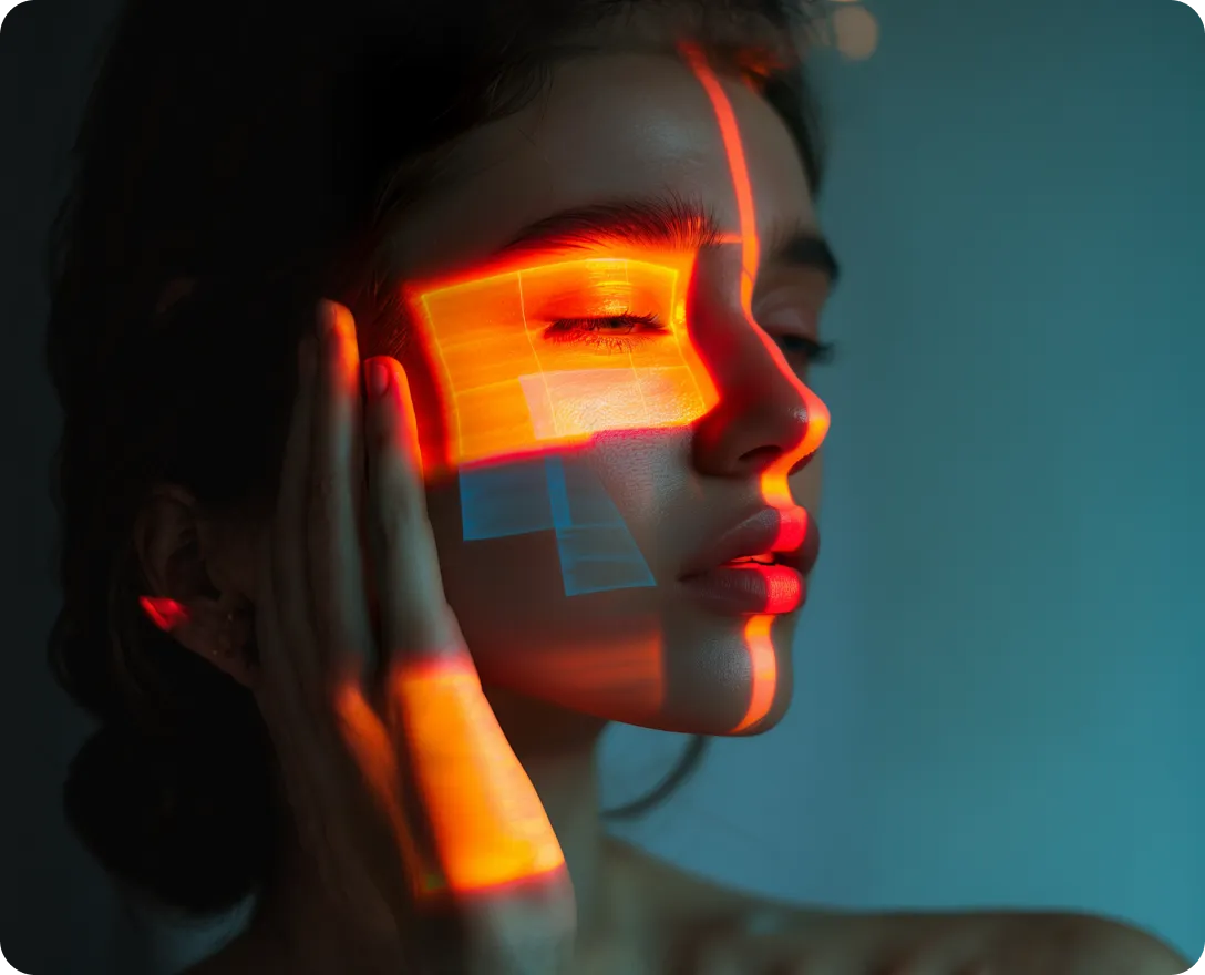 A woman holding her face up to her face.