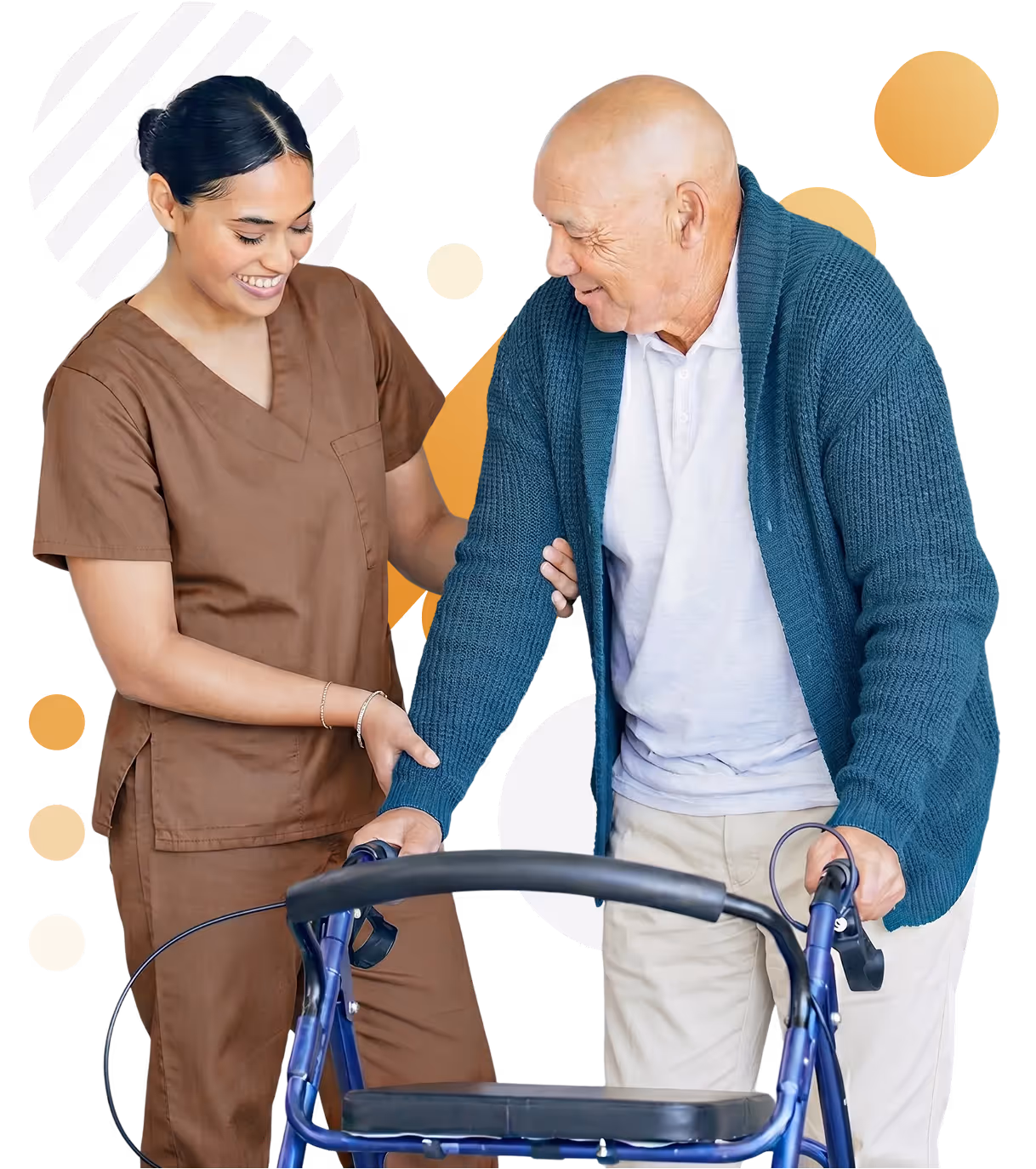 Smiling nurse assists elderly man using a walker, supporting his arm and hand.