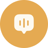 White speech bubble with three vertical lines inside on an orange circular background.