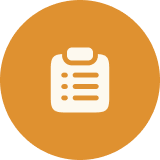 Clipboard icon with bulleted list on an orange circular background.
