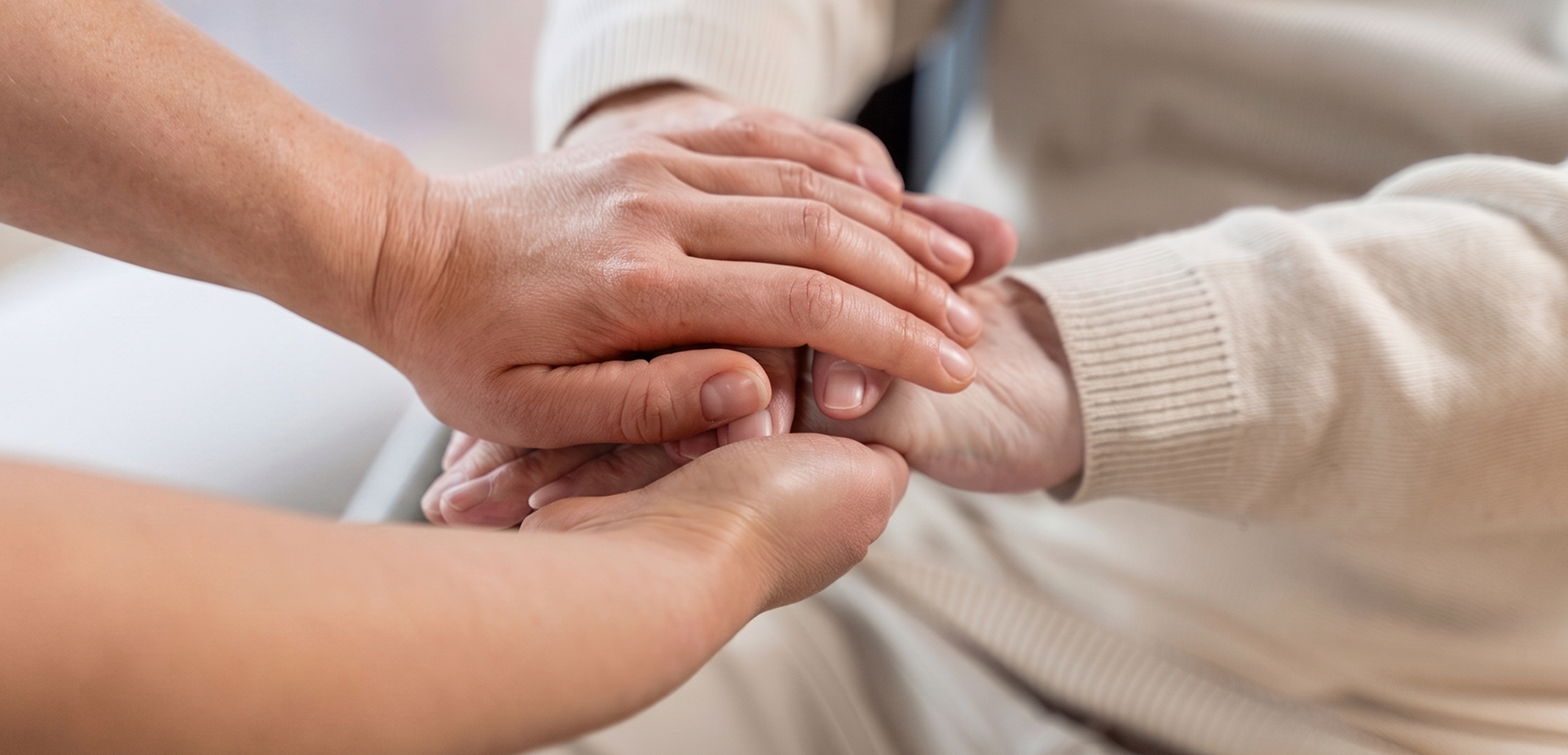 Two people holding hands: one hand placed gently over the other in a supportive gesture.