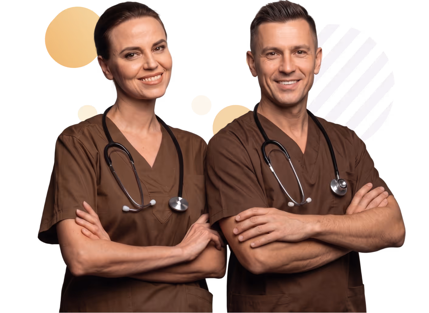 Smiling male and female healthcare professionals in brown scrubs with stethoscopes and arms crossed.