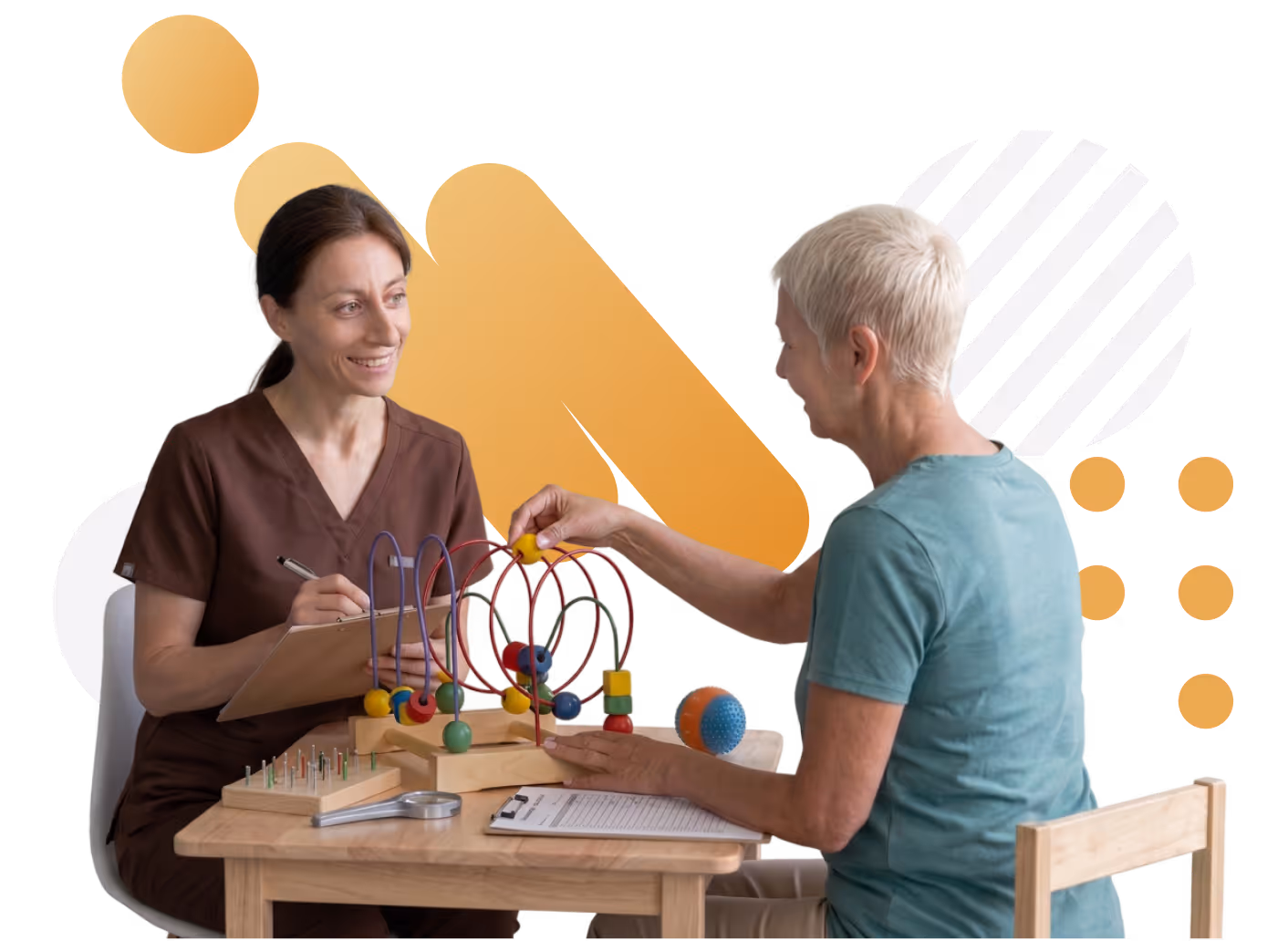 Therapist watches a senior woman play with a bead maze toy during a therapy session.