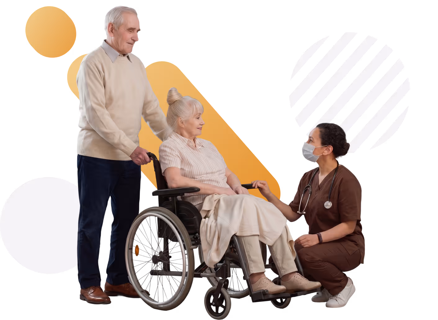 Nurse in mask kneeling and holding hand of elderly woman in wheelchair, man stands behind her.