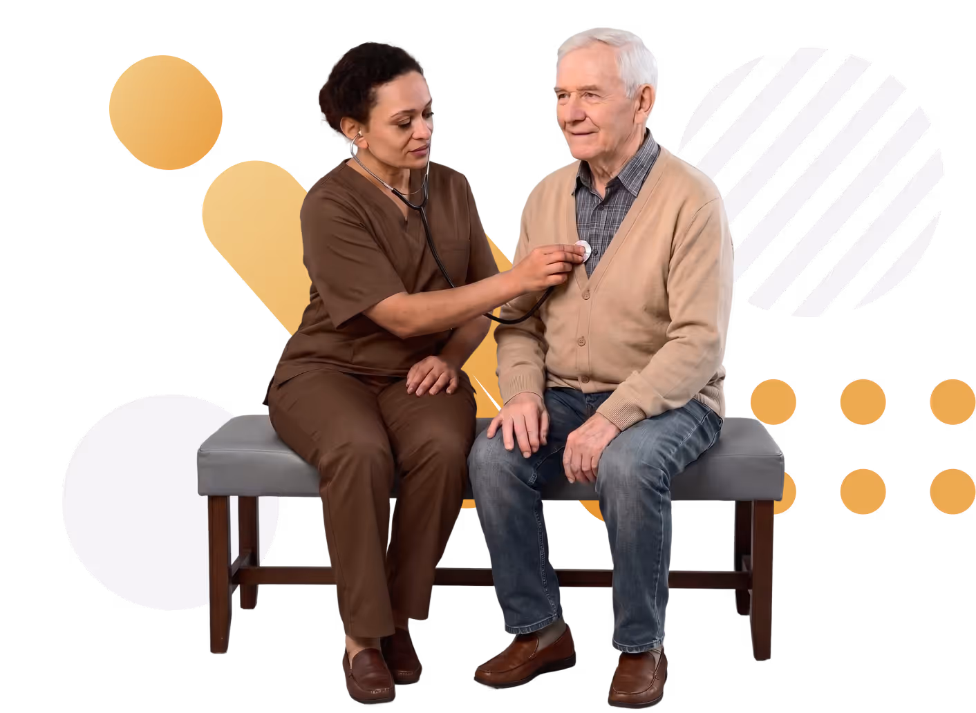 Nurse in brown scrubs using stethoscope to listen to elderly man's chest as they sit on a bench.