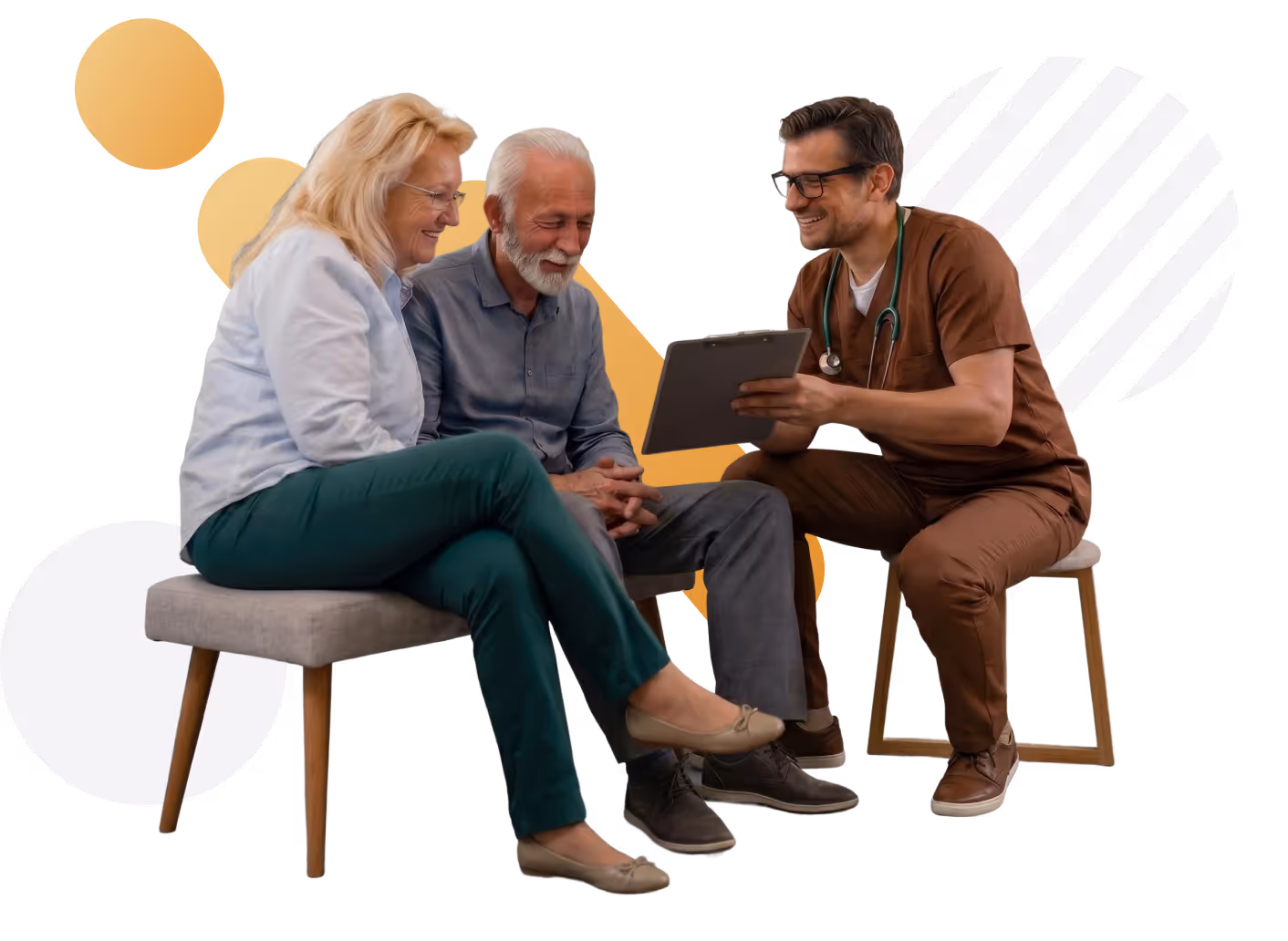 Smiling elderly couple listening to a male doctor showing a clipboard.