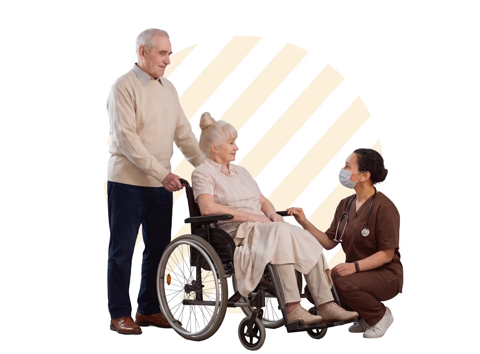 Nurse kneeling and talking to elderly woman in wheelchair while elderly man stands behind it.
