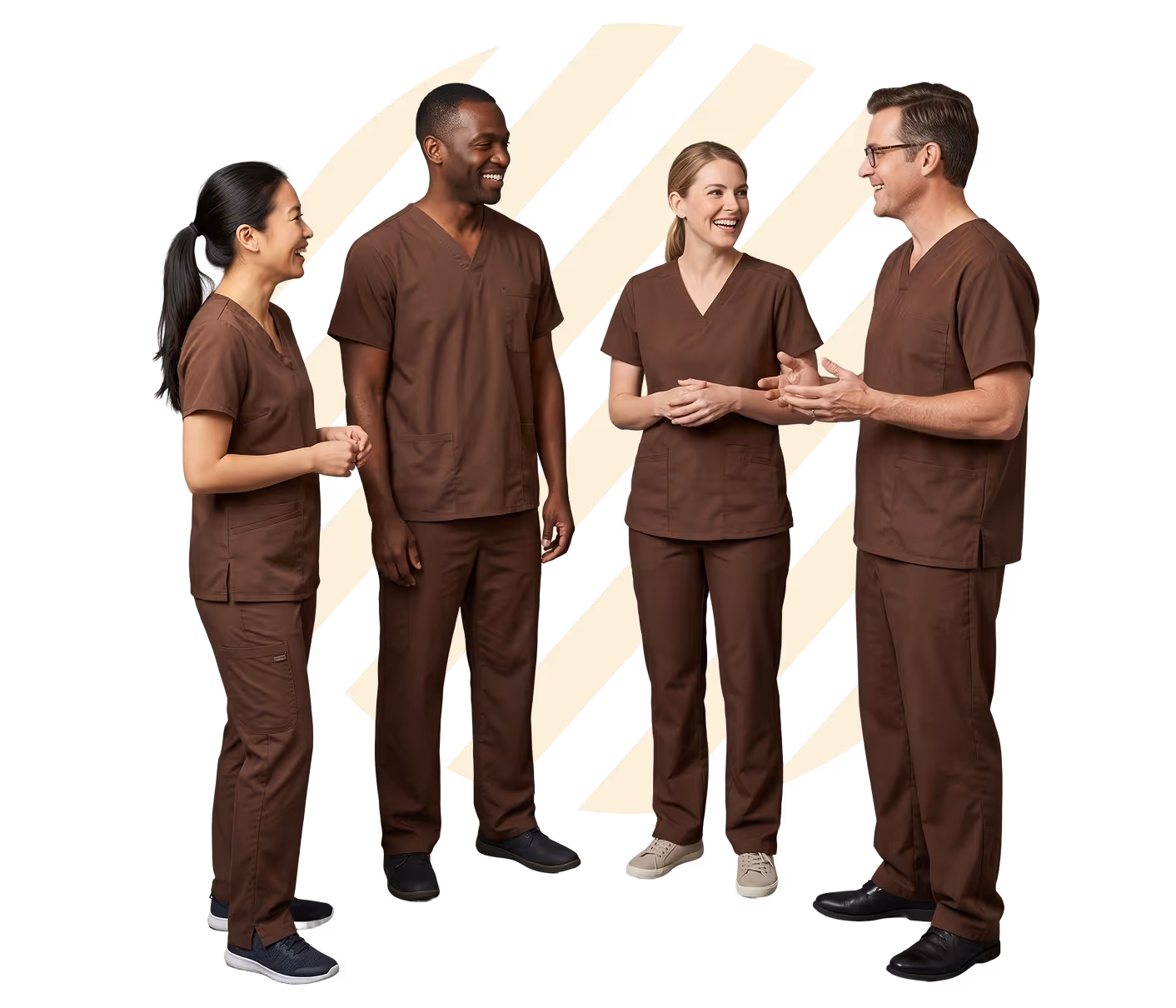 Four healthcare workers in brown scrubs standing in a circle, smiling and talking.