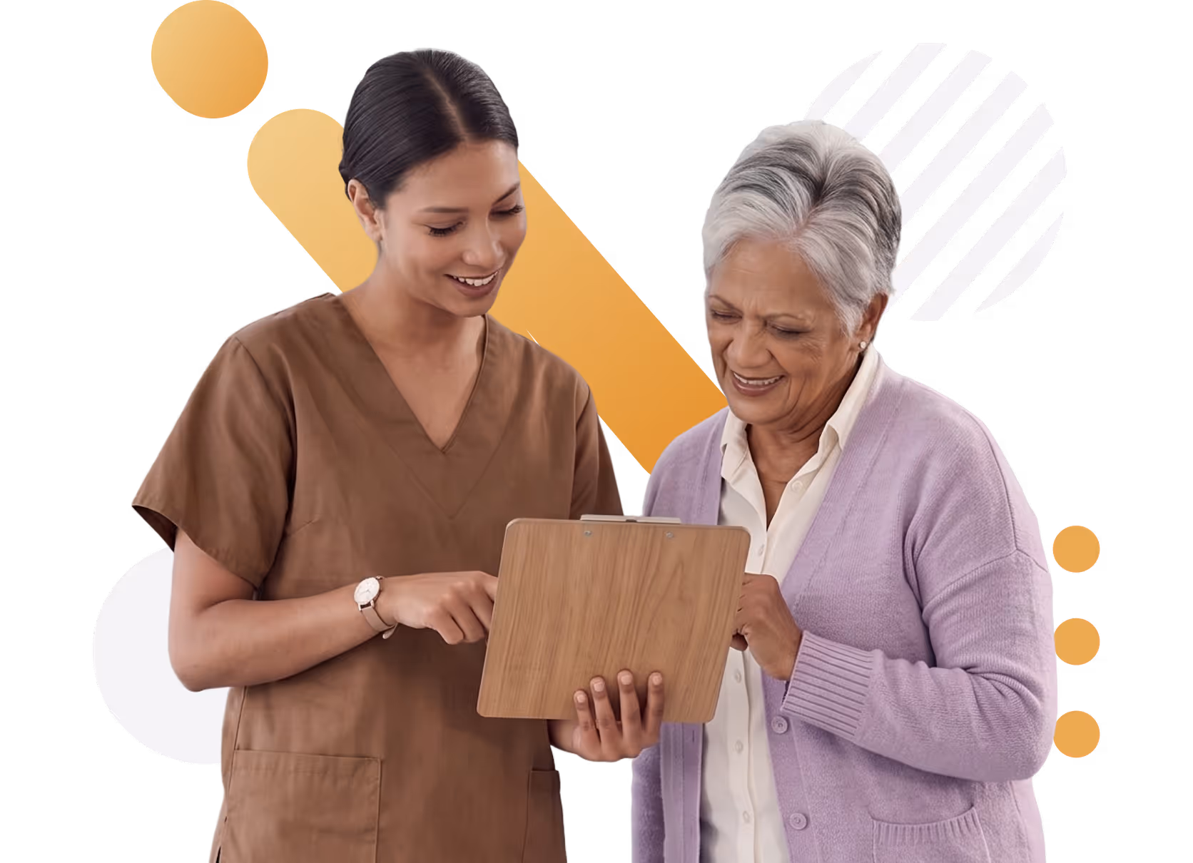 Young female nurse in brown scrubs showing clipboard to smiling elderly woman in lavender cardigan.