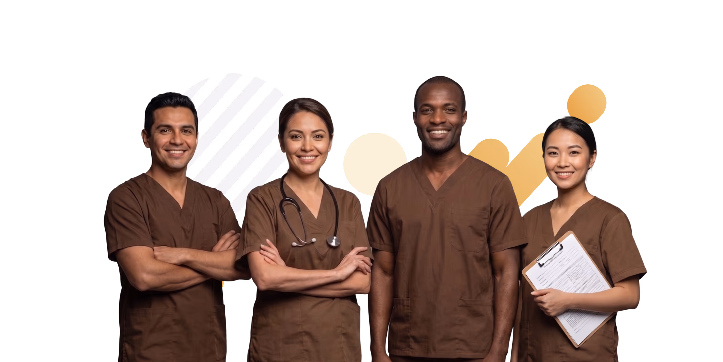 Four diverse medical professionals in brown scrubs smiling, one holding a clipboard, another with a stethoscope.