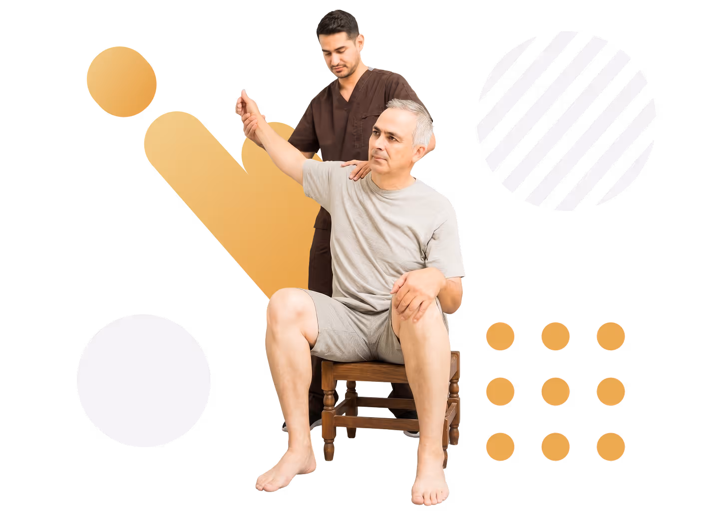 Therapist assists seated older man with arm stretch during physical therapy session.